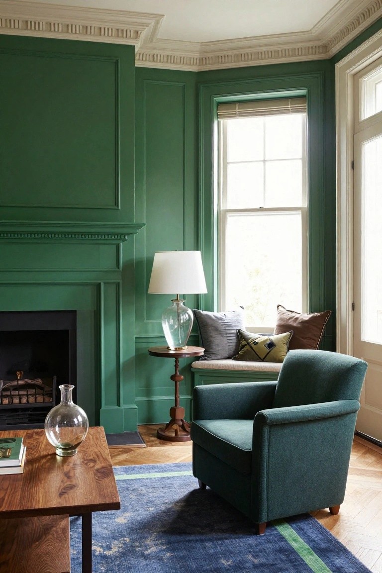 Emerald green paneled living room with fireplace, green upholstered armchair, side table with glass lamp, wooden low table with vase and book, and blue rug on parquet floor.