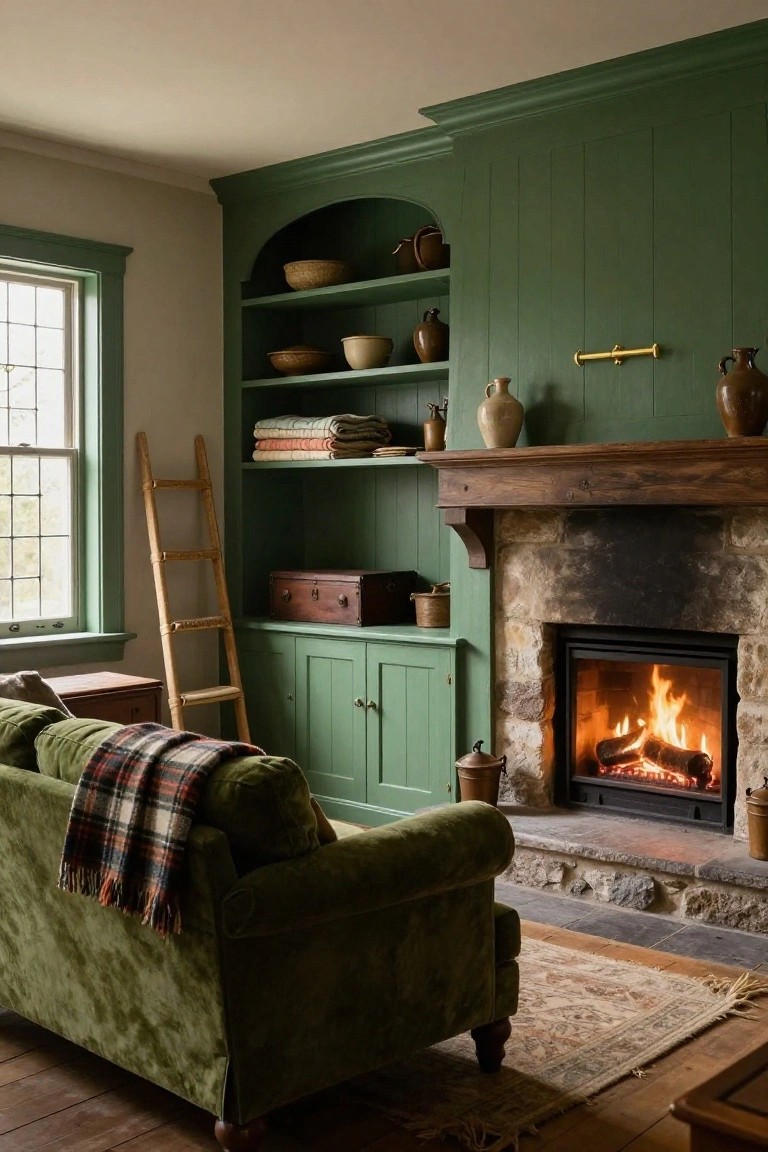 Living room interior with emerald green paneled walls and built-in arched shelving and cabinets flanking a stone fireplace with burning fire, green velvet sofa with plaid blanket, wooden ladder, and side tables.