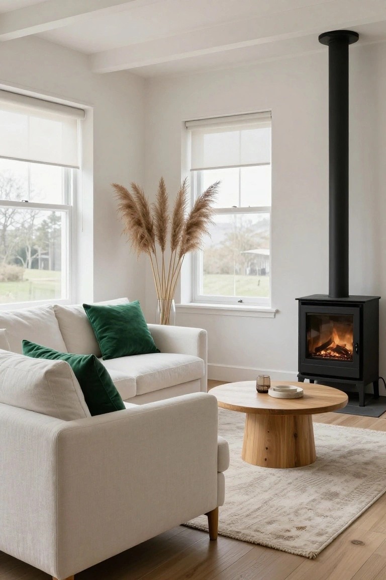 A bright living room featuring a cream linen sofa with emerald green velvet pillows, a round wooden coffee table, tall pampas grass in a glass vase, a black freestanding stove with fire lit, sheer roller blinds on windows, and light wood floors over a beige rug.