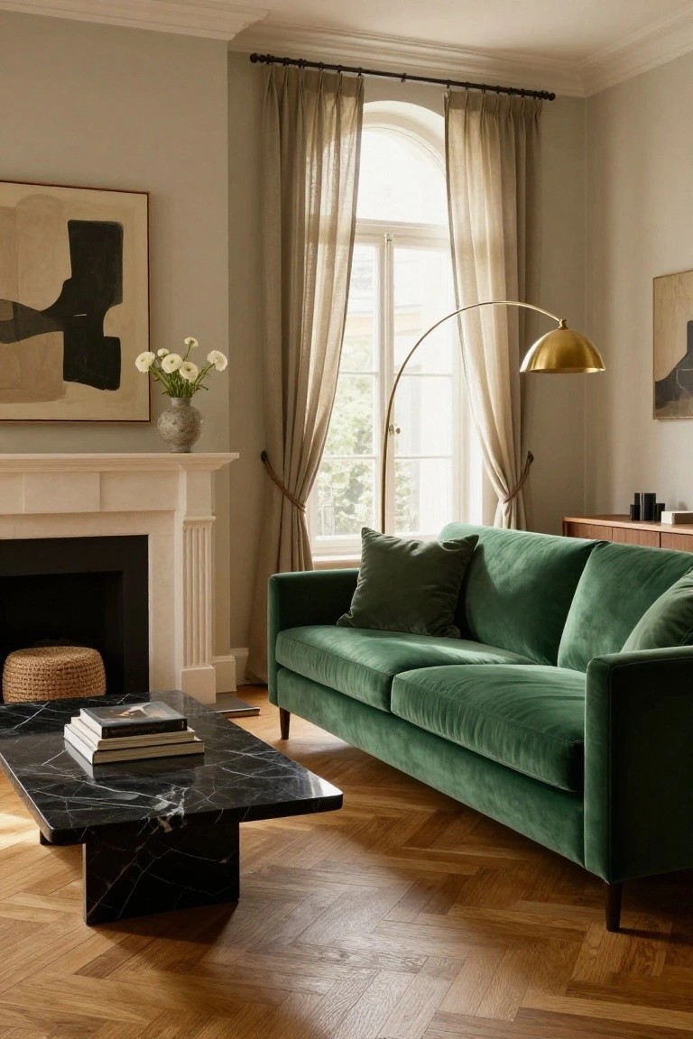 Living room interior with emerald green velvet sofa, black marble coffee table stacked with books, white marble fireplace, arched window with beige sheer curtains, gold arc lamp, and parquet wood floor.