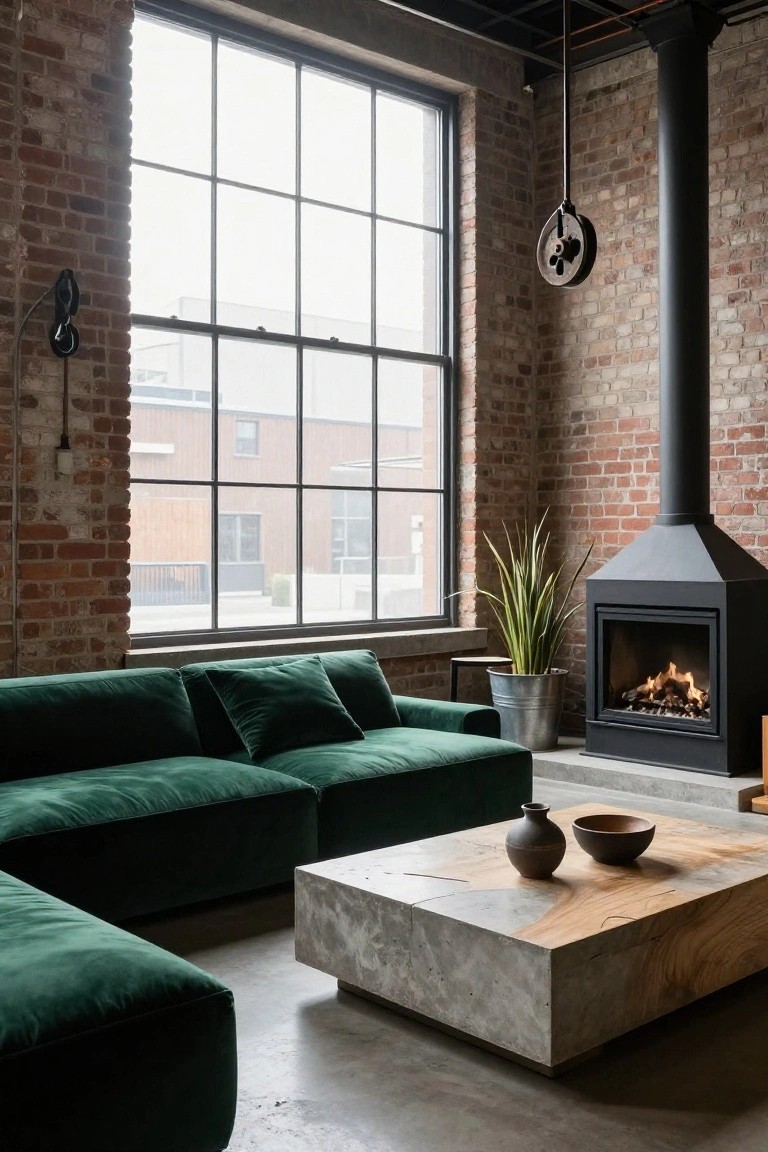 Industrial-style living room with L-shaped emerald green velvet sofa, concrete and wood coffee table, exposed brick walls, black fireplace with gas flames, metal pendant light, potted plants, and large multipane windows.