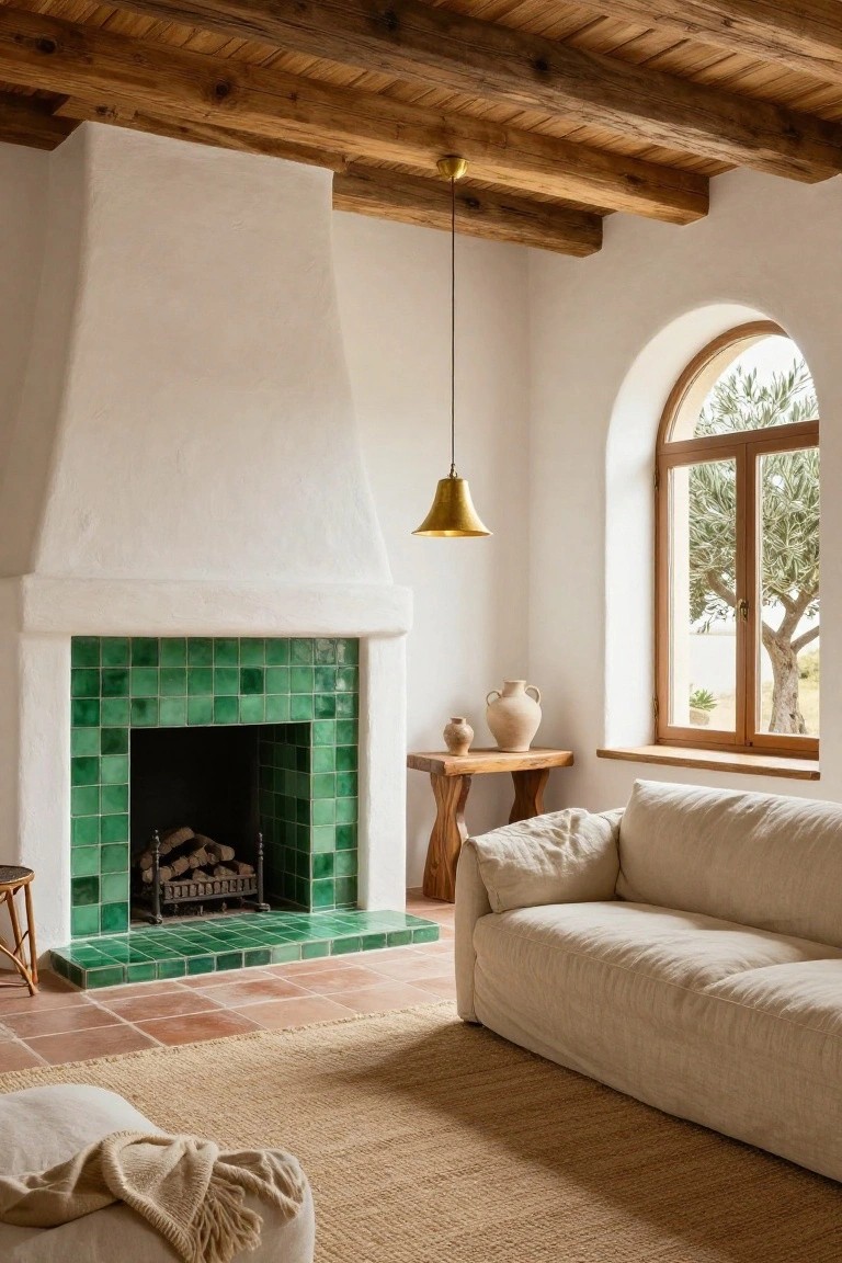 Living room interior with emerald green tiled fireplace, white stucco walls, exposed wooden ceiling beams, cream linen sofa, wooden side table, terracotta floor tiles, and arched window with olive tree outside.