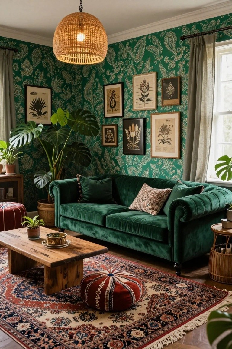 A living room with emerald green paisley-patterned wallpaper, a tufted emerald green velvet Chesterfield sofa, large monstera plants, framed botanical artwork, rattan pendant light, wooden coffee table, red and patterned poufs, and Persian-style rug.