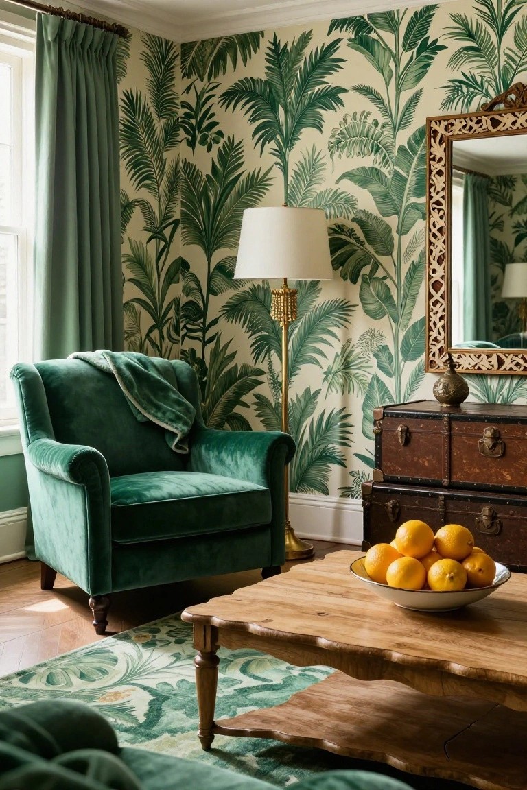 Green velvet wingback armchair with a matching throw in a cream-walled room covered in green palm leaf wallpaper, beside a brass floor lamp, ornate mirror, wooden trunks, and a wooden coffee table with a white bowl of oranges.