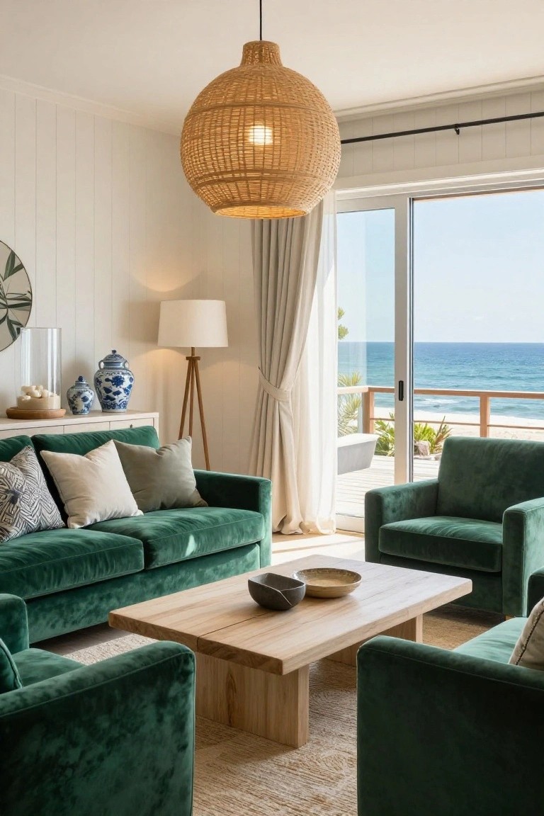 Living room with emerald green velvet sofa and armchairs around a wooden coffee table, rattan pendant light overhead, white shiplap walls, blue and white vases on shelves, and sliding glass doors to ocean-view deck.