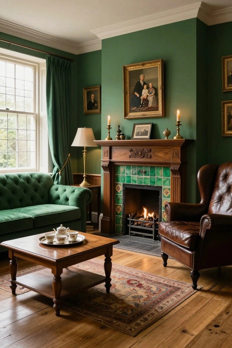 Emerald green living room with tufted green velvet sofa, brown leather armchair, wooden coffee table holding a tea set, ornate wooden fireplace with green tiles and lit fire, brass lamps, candles, and framed portraits on walls.