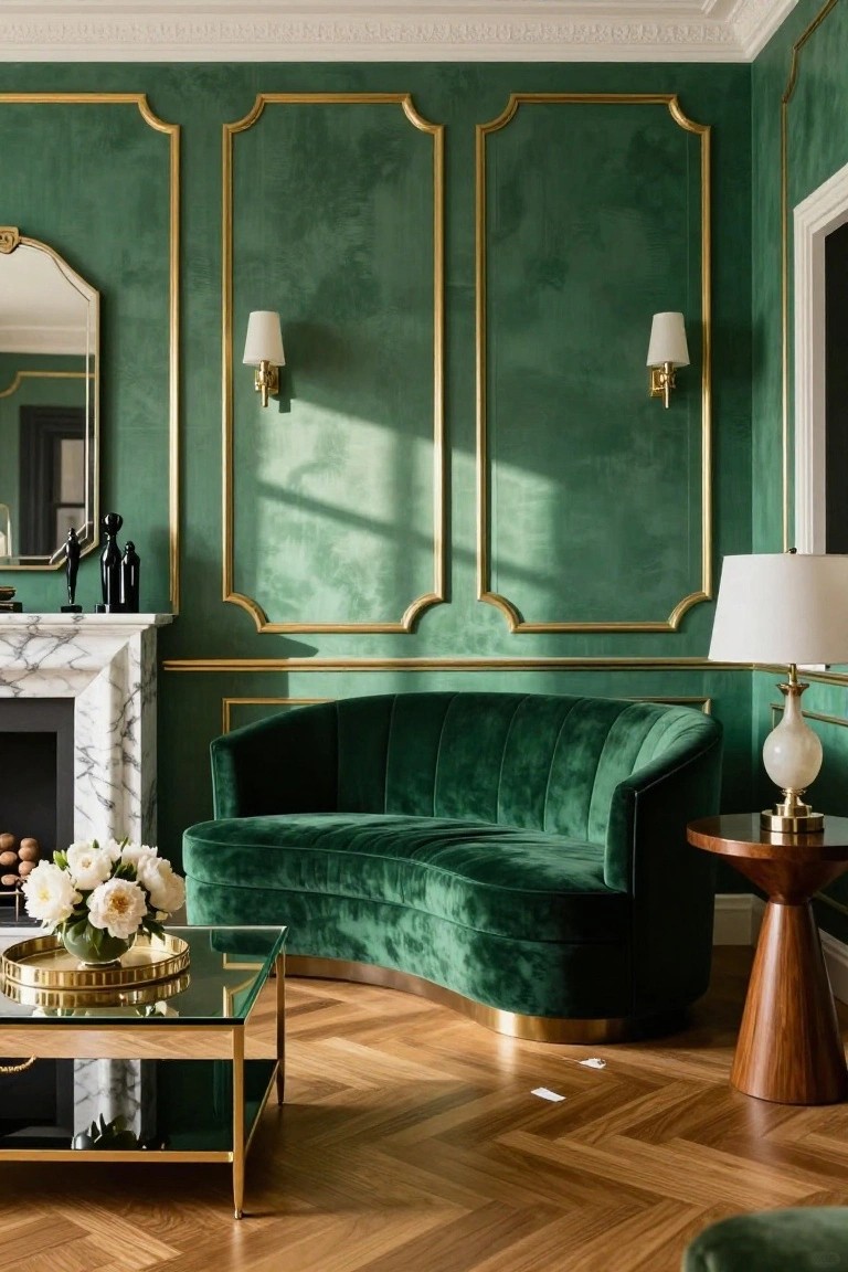 Emerald green textured walls with ornate gold frames in a living room featuring a curved green velvet sofa, marble fireplace, glass coffee table, and wood parquet floor.