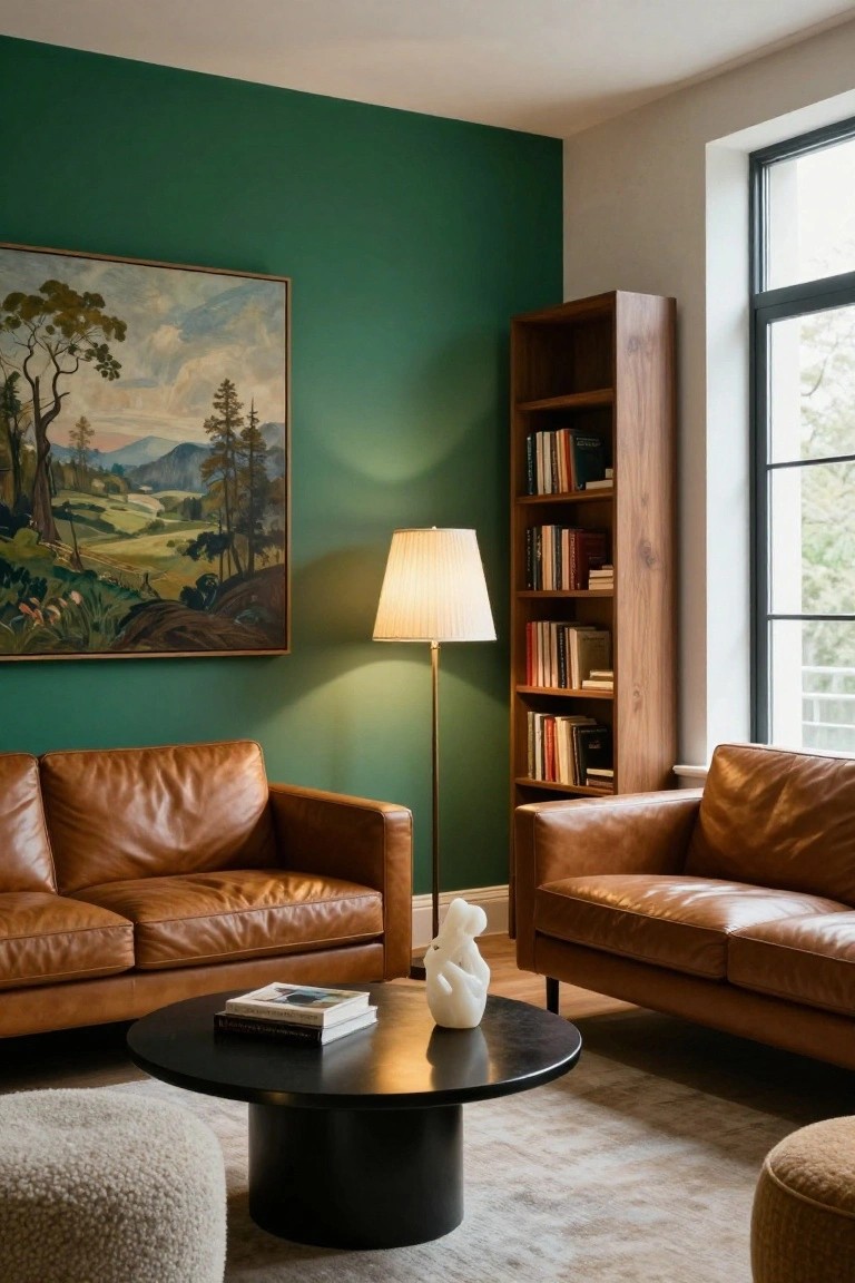 Living room with emerald green accent wall, landscape painting, wooden bookshelf filled with books, tan leather sofas around black coffee table, brass floor lamp, white sculpture, and cream ottomans on light rug.