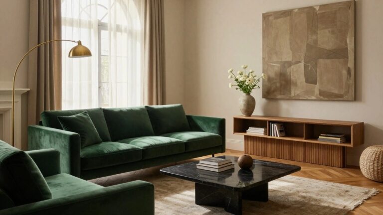 Living room interior with emerald green velvet sofa, black marble coffee table stacked with books, white marble fireplace, arched window with beige sheer curtains, gold arc lamp, and parquet wood floor.