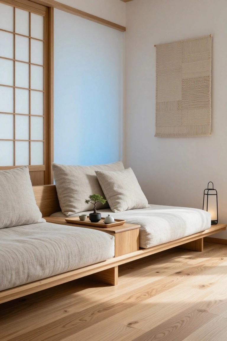 Minimalist indoor seating area with low wooden platform sofa covered in beige linen cushions, bonsai plant, tea set on wooden tray, black metal lantern, shoji screens, woven wall hanging, and light wood flooring.