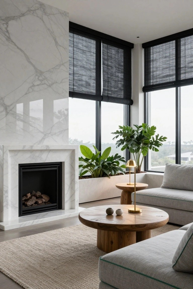 Contemporary living room interior with expansive white marble wall and fireplace containing wood logs, green leafy plants in a built-in white planter box beside the fireplace, gray sofa, round wooden coffee table, and large windows with black blinds overlooking a view.