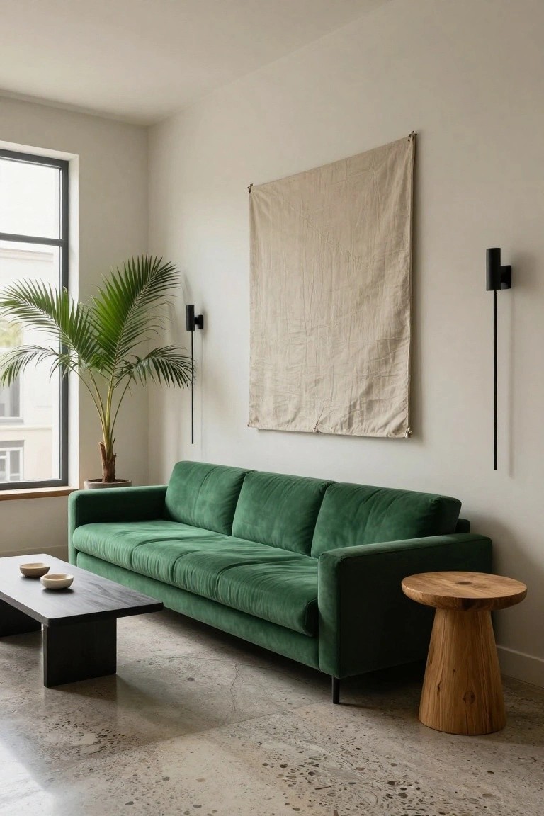Modern living room with emerald green velvet three-seater sofa, black rectangular coffee table with ceramic bowls, round wooden side table, potted palm plant, large beige draped wall hanging, black wall lamps, large window, and polished concrete floor.