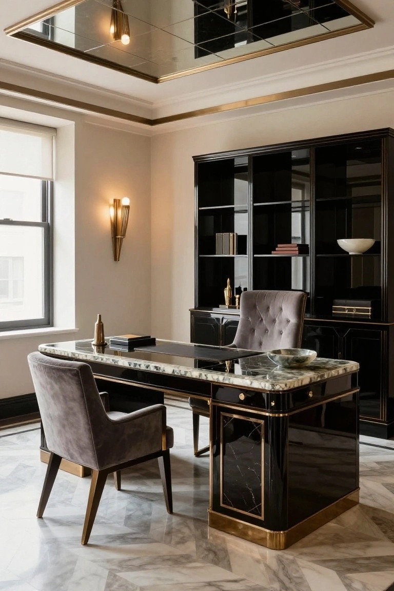 Elegant executive office interior with black lacquered desk featuring marble top and gold accents, gray velvet armchairs, tall black bookshelves, wall sconce, bottle on side table, and mirrored ceiling panel above herringbone marble floor.