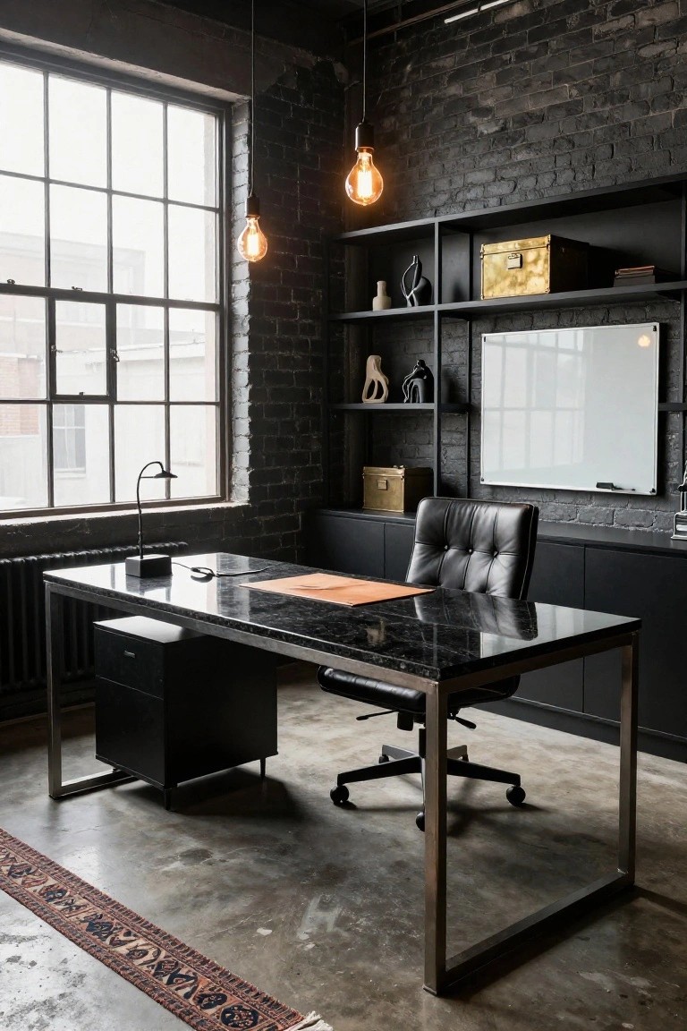 Industrial-style home office featuring a black marble-topped desk on metal legs, black leather office chair, exposed brick walls, black shelving, and a large window.