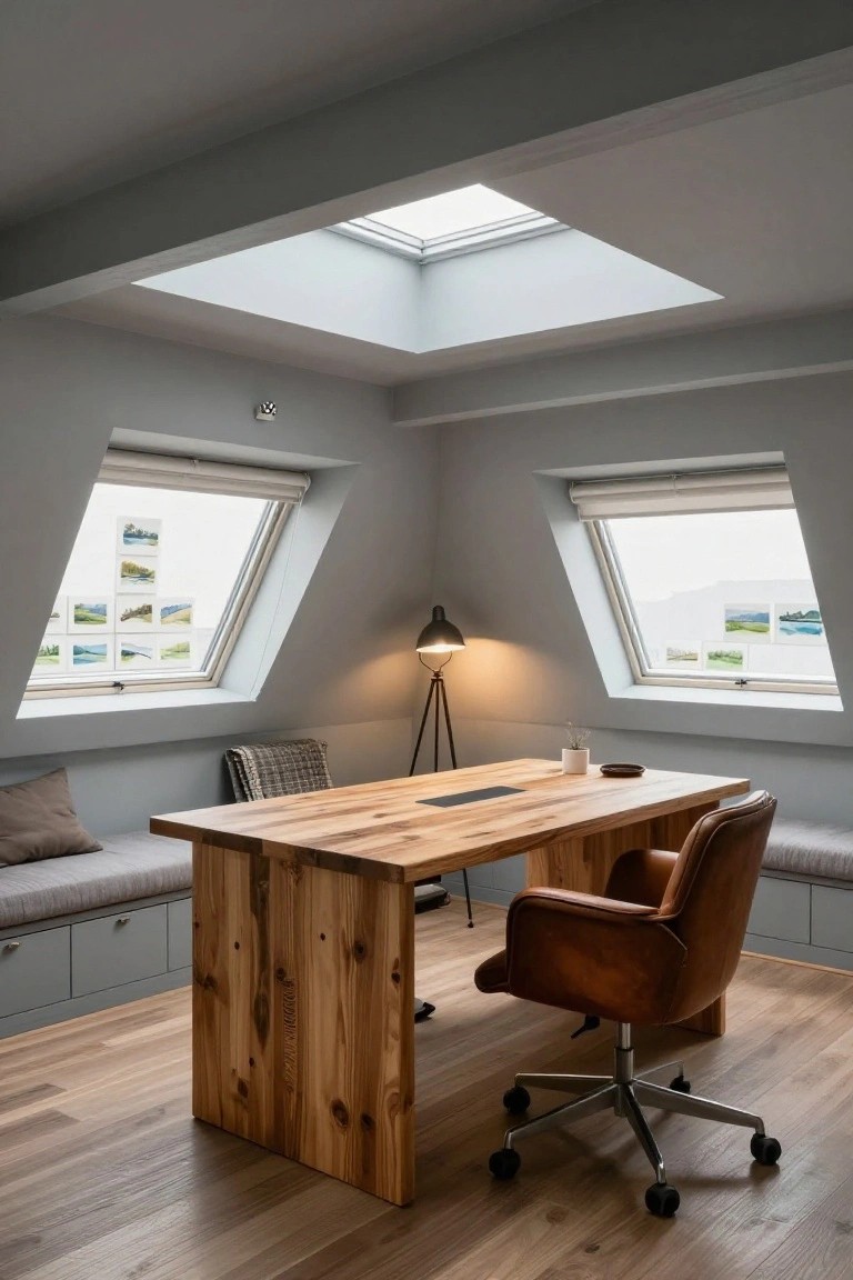 Attic office interior featuring a large wooden desk, brown leather armchair, built-in gray bench with cushions and drawers under slanted windows with photos, desk lamp, skylight above, and light wood floor.