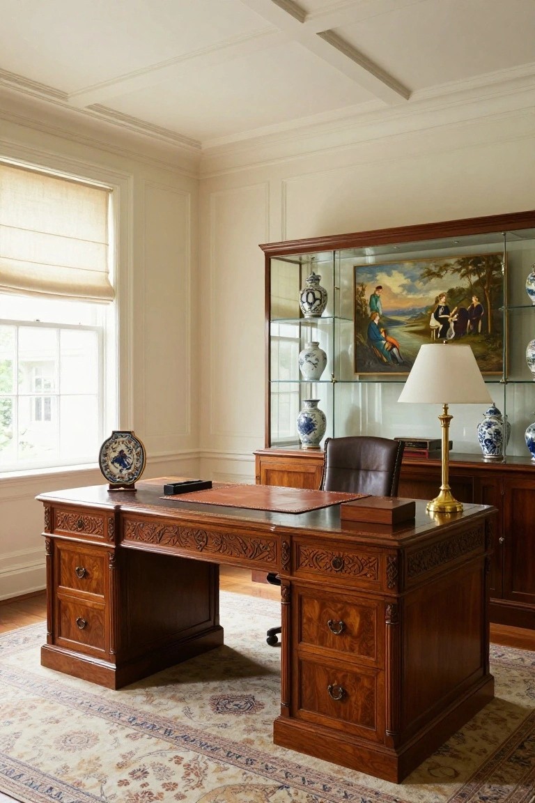 A traditional home office interior with a large ornate wooden double-pedestal desk, leather swivel chair, brass lamp, glass cabinet displaying blue and white porcelain vases, and a painting of figures in a landscape.