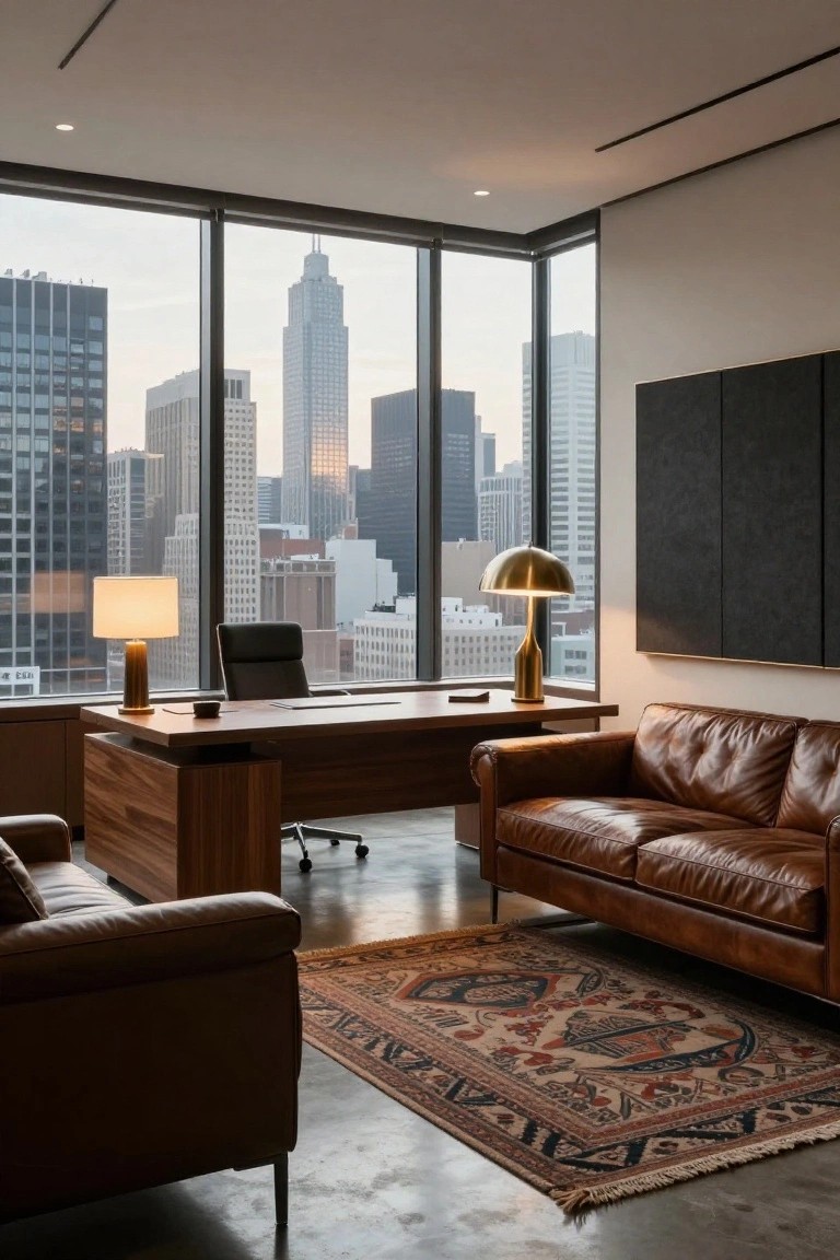 Corner executive office with wooden desk, black leather chair and sofas, brass lamps, black wall panels, Persian-style rug on concrete floor, and floor-to-ceiling windows showing city skyline at dusk.