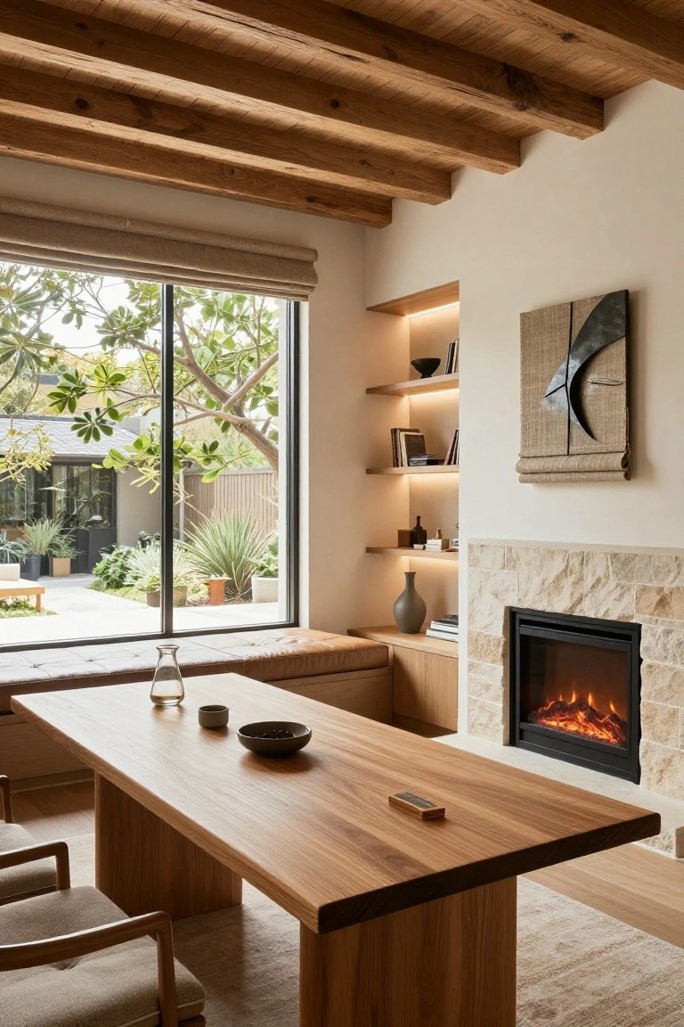 Modern interior office with exposed wooden ceiling beams, long wooden table and chairs, built-in window seat, lit gas fireplace in stone surround, wall shelves, and large window showing garden view.