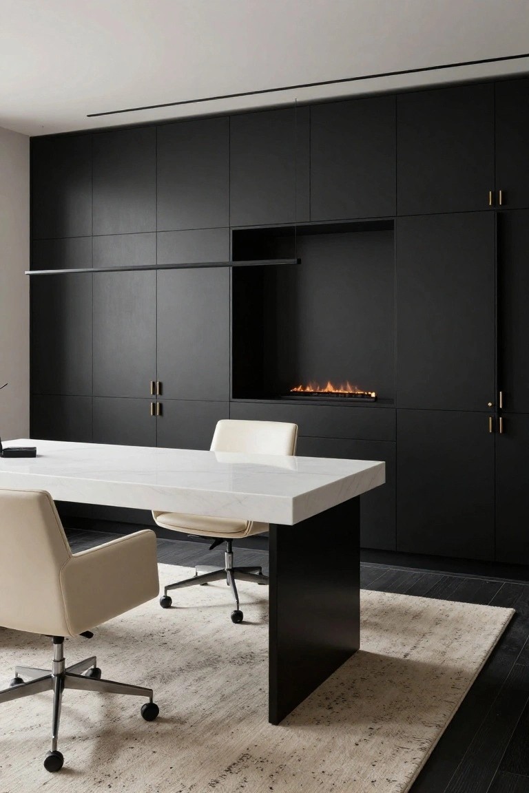 Modern home office interior with floor-to-ceiling black built-in cabinetry along one wall, integrated linear gas fireplace, white marble desk, two cream upholstered chairs, and a light rug on dark flooring.