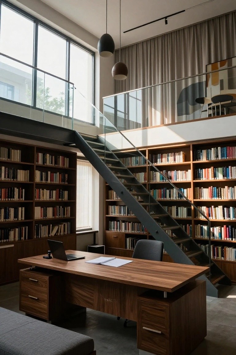 Contemporary two-story home office with wooden executive desk and laptop, floor-to-ceiling wooden bookshelves filled with books along walls and staircase, glass-railed black metal stairs, pendant lights, and large windows.