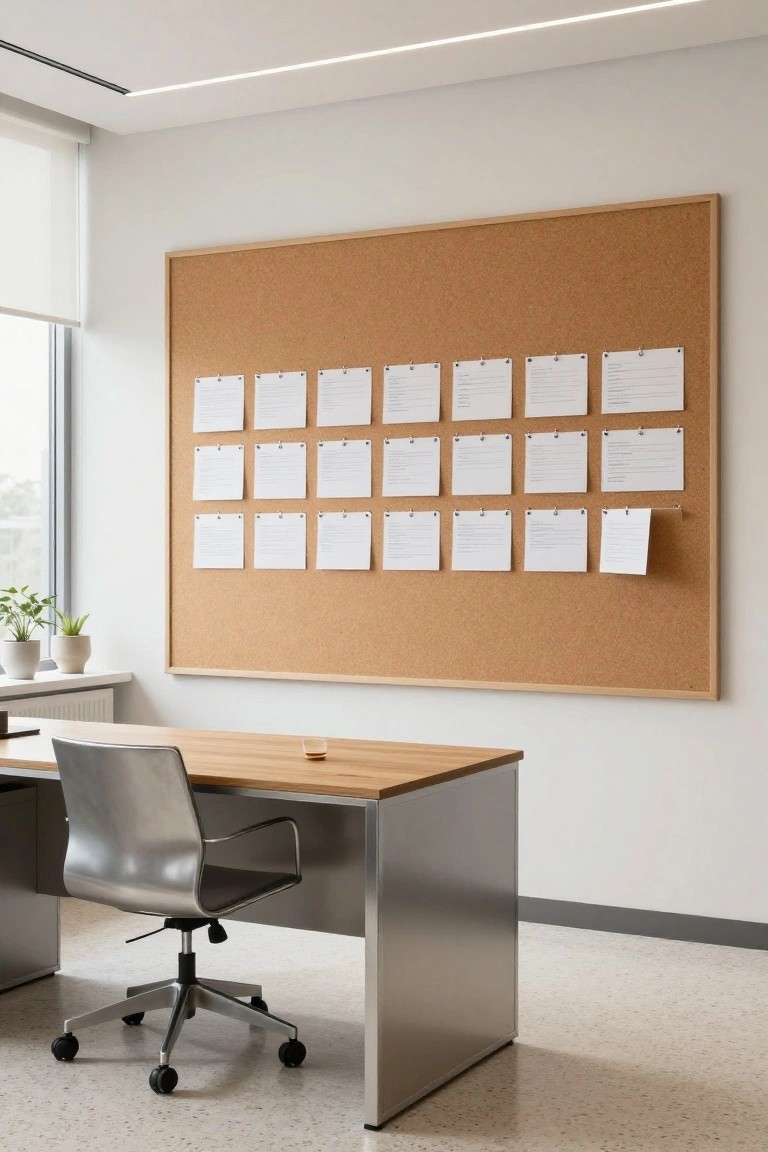 Modern office interior with a large corkboard wall covered in pinned white papers, a light wood desk on metal legs with silver chair, potted plants on a white sill, and a window with roller shade.