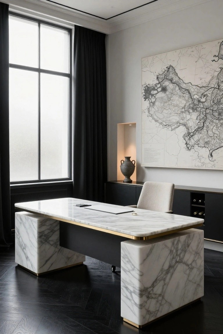 Modern office interior with a white marble pedestal desk featuring black center section and gold trim, black cabinets with wine storage, beige chair, large map artwork, terracotta vase, and window with black curtains on black herringbone floor.