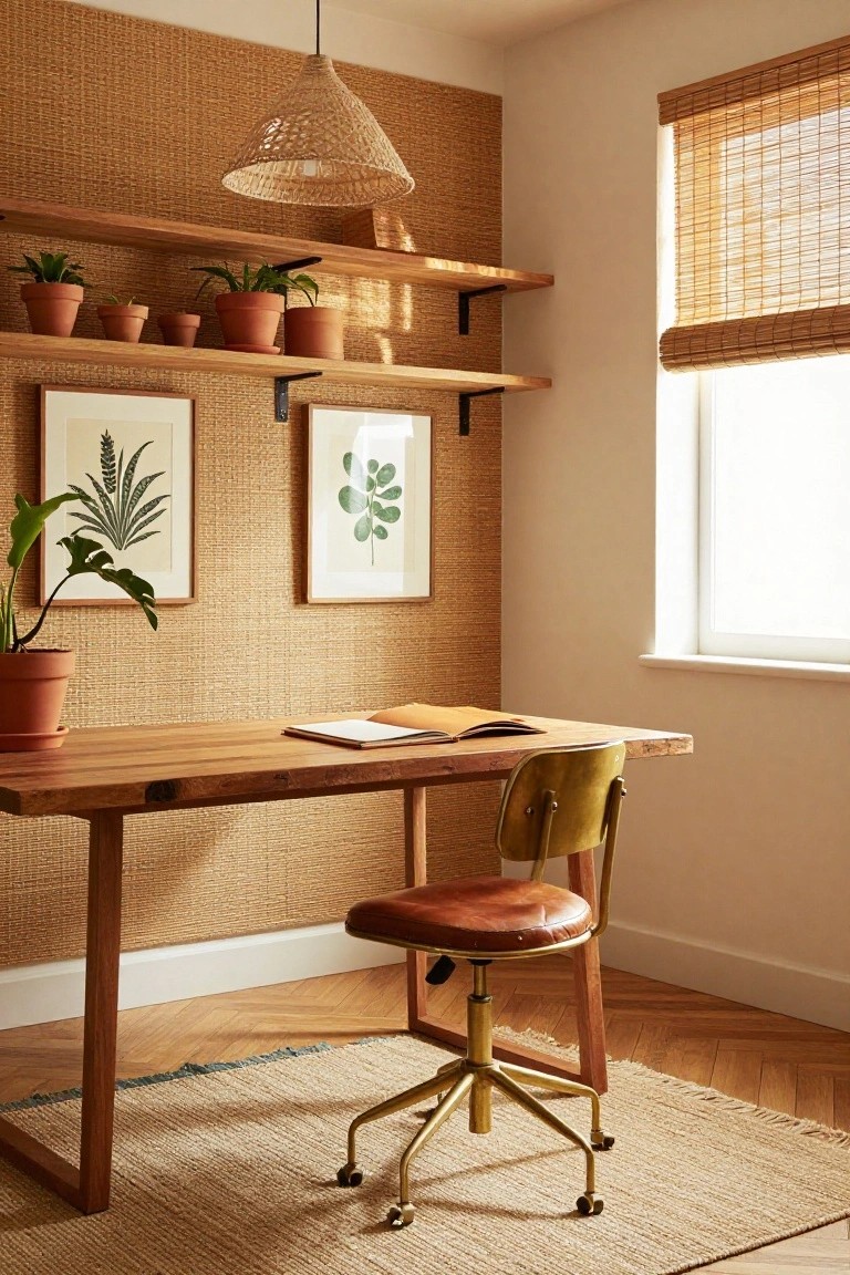 Home office with beige woven wall covering, wooden floating shelves holding terracotta pots with plants, two framed botanical prints, wooden desk with open notebook, mustard yellow swivel chair with leather seat, rattan pendant lamp, bamboo blinds on window, neutral rug on herringbone wood floor.