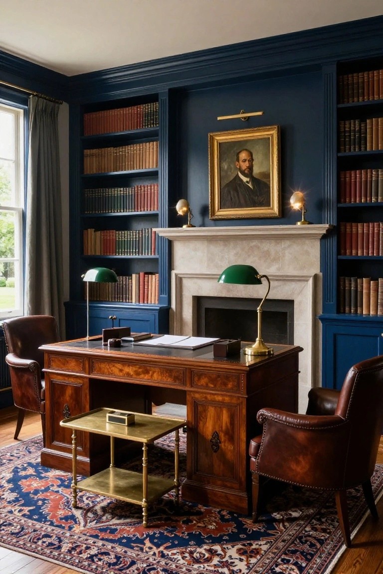 Elegant home office interior with deep navy blue paneled walls and built-in bookshelves filled with books, a large wooden desk topped with green banker’s lamps and papers, two brown leather armchairs, a fireplace mantel with a gold-framed portrait above, and a Persian rug on hardwood floors.