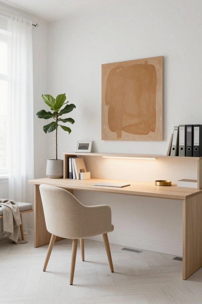 A minimalist home office featuring a light oak desk with built-in overhead shelves illuminated by an LED strip, a cream fabric armchair, a potted fiddle leaf fig plant, stacked books and files on the shelves, and an abstract beige painting on the wall.