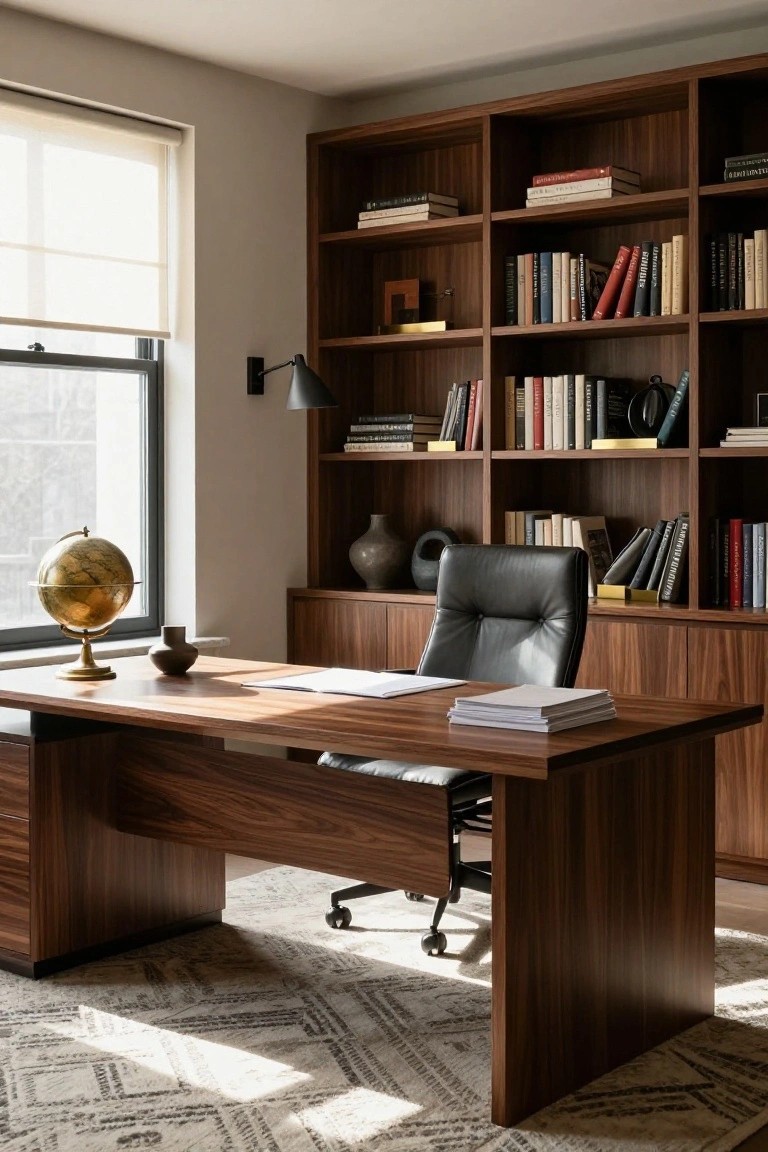 Elegant wooden office with desk, leather chair, and bookshelves by window.