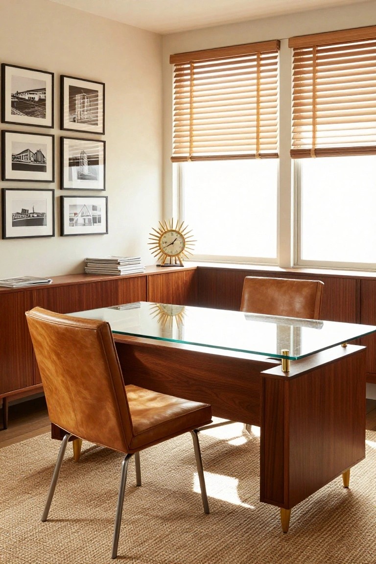 Home office with wooden credenza holding newspapers and gold sunburst clock, matching wooden desk topped with glass and flanked by tan leather chairs, black-and-white architectural photos on beige walls, wooden blinds on two large windows, beige rug on wood floor.