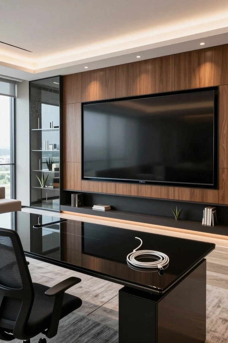 Modern executive office with walnut wood paneling on walls, large black TV mounted within the paneling, glossy black glass desk with coiled white power cable, black mesh office chair, and glass shelves with plants.