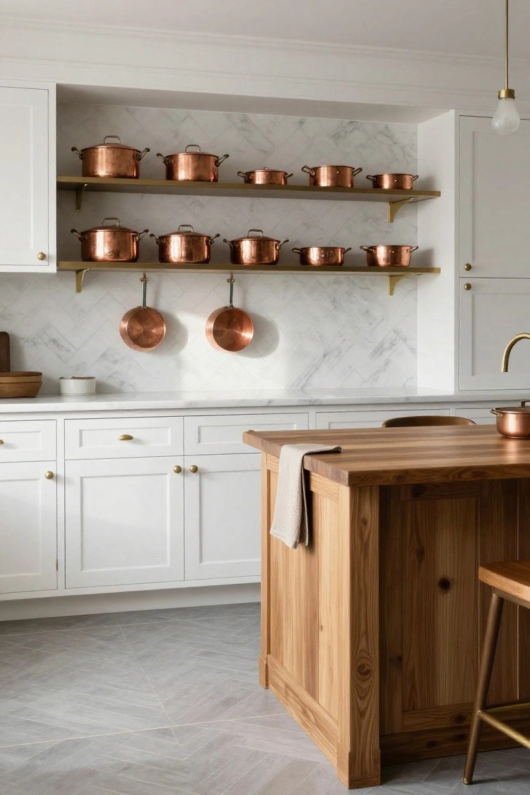 White kitchen featuring open brass shelves and hanging racks displaying multiple copper pots and pans against a white marble herringbone backsplash, with a wooden island and stools in the foreground.