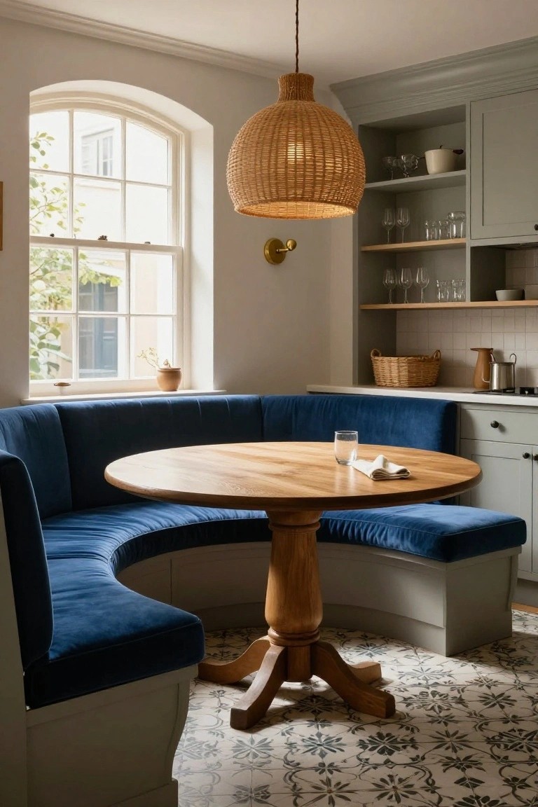 Kitchen breakfast nook with curved blue velvet banquette seating around a round oak pedestal table, sage green cabinets, open shelves with glassware, rattan pendant light, and arched window overlooking trees.