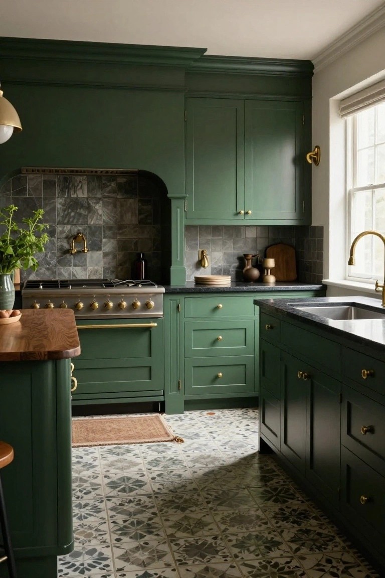 A kitchen interior with deep green shaker-style cabinets, brass hardware and fixtures, black granite countertops, a wood-topped island, slate tile backsplash, and patterned floor tiles.