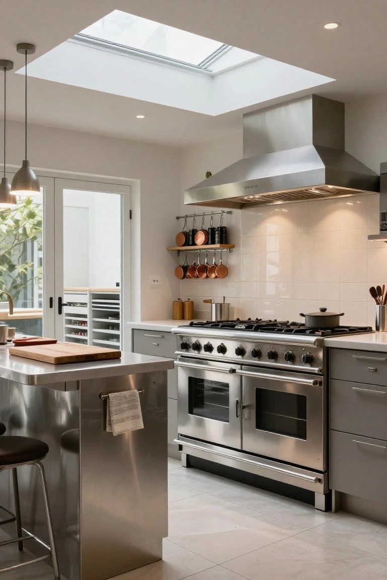 Modern kitchen interior with large stainless steel double oven range cooker, stainless steel island, gray cabinets, white subway tile backsplash, skylight, pendant lights, and French doors to garden.