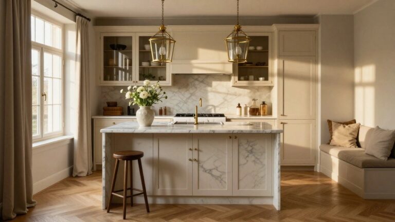 A bright kitchen with cream shaker-style cabinets, white marble countertops and backsplash with gray veining, brass pendant light and faucet, wooden bar stools at a central island, and a cushioned window bench.