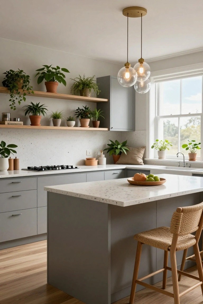 Modern kitchen with light gray cabinets, white quartz countertops and island, wooden open shelves filled with potted plants, brass pendant lights, rattan bar stools, and large windows.