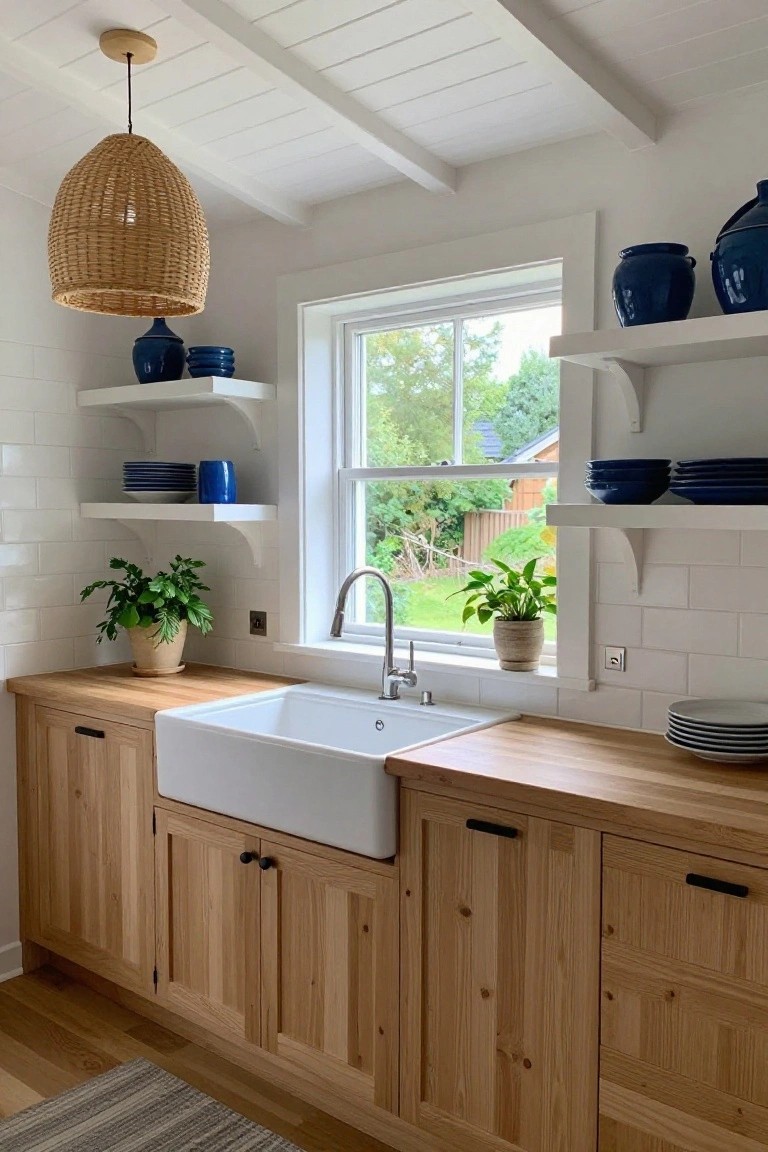 Kitchen with light oak cabinets, white farmhouse sink, butcher block countertop, white subway tile backsplash, open white shelves holding blue pottery and plates, potted plants, rattan pendant light, and window showing garden view.