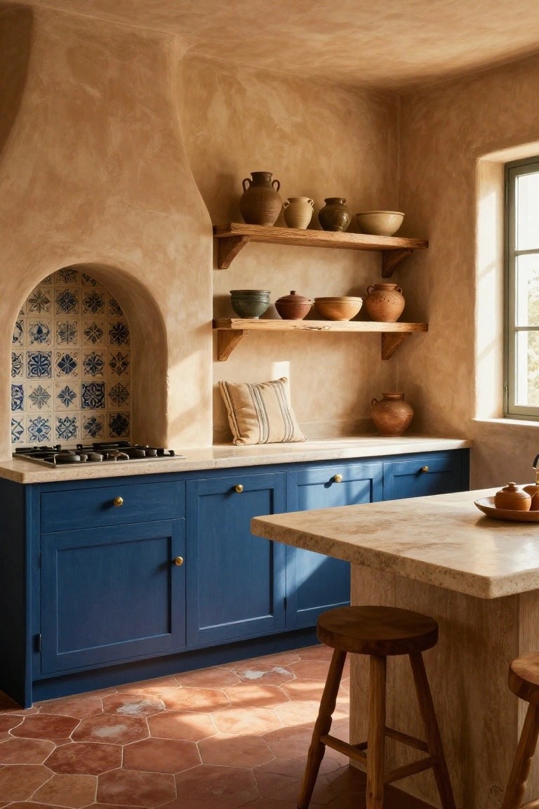 Kitchen interior with beige textured plaster walls, arched niche of blue tiles around a gas cooktop, navy blue lower cabinets, light stone island with wooden stools, and terracotta hexagonal tile floor.