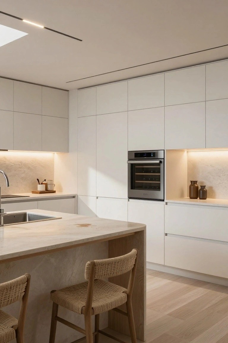 Modern kitchen interior with white flat-panel cabinets, light beige veined stone countertop and backsplash, integrated stainless steel oven and wine cooler, rattan bar stools at an island, and light oak wood flooring.