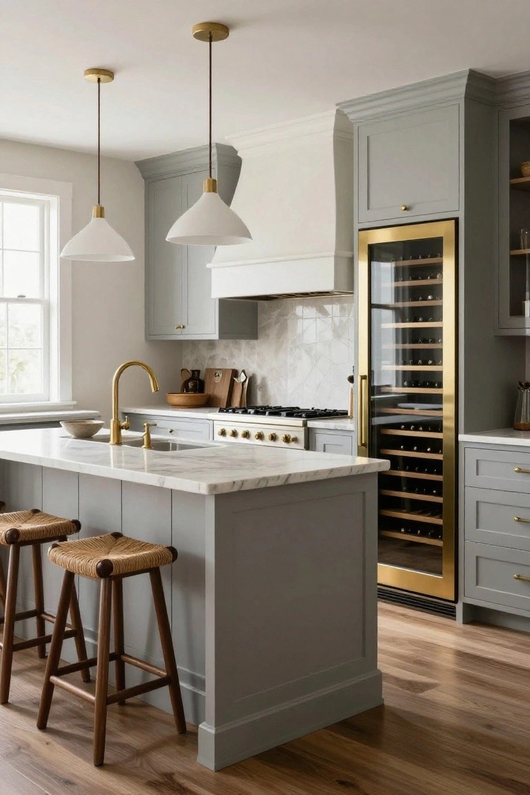 Light gray shaker-style kitchen cabinets with brass hardware, white marble island countertop, gold wine refrigerator, brass faucet, rattan barstools, and hardwood floors.