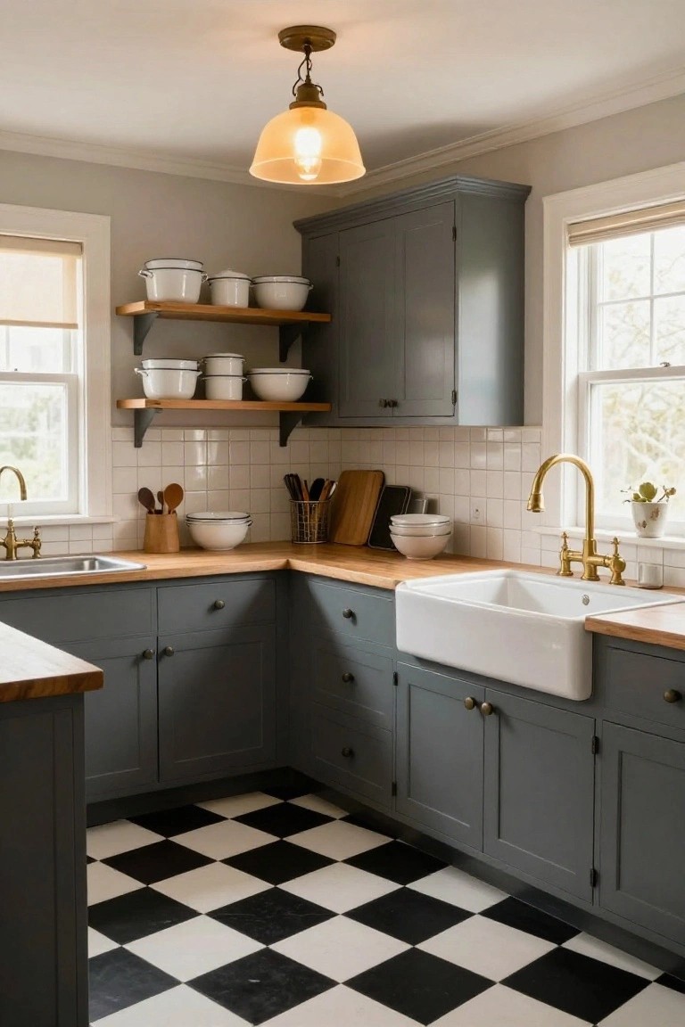 Corner view of a kitchen featuring dark gray shaker cabinets, light wood countertops, white farmhouse sink with gold faucets, white subway tile backsplash, open wood shelves holding white pottery, and black-and-white checkered tile floor.