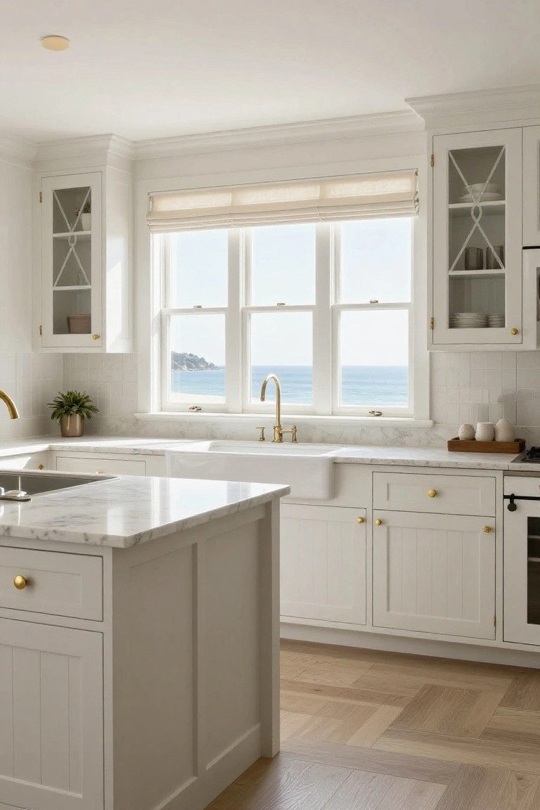 A bright white kitchen featuring shaker-style cabinets with gold hardware, marble countertops, a farmhouse sink, and large triple windows overlooking the ocean and coastline.