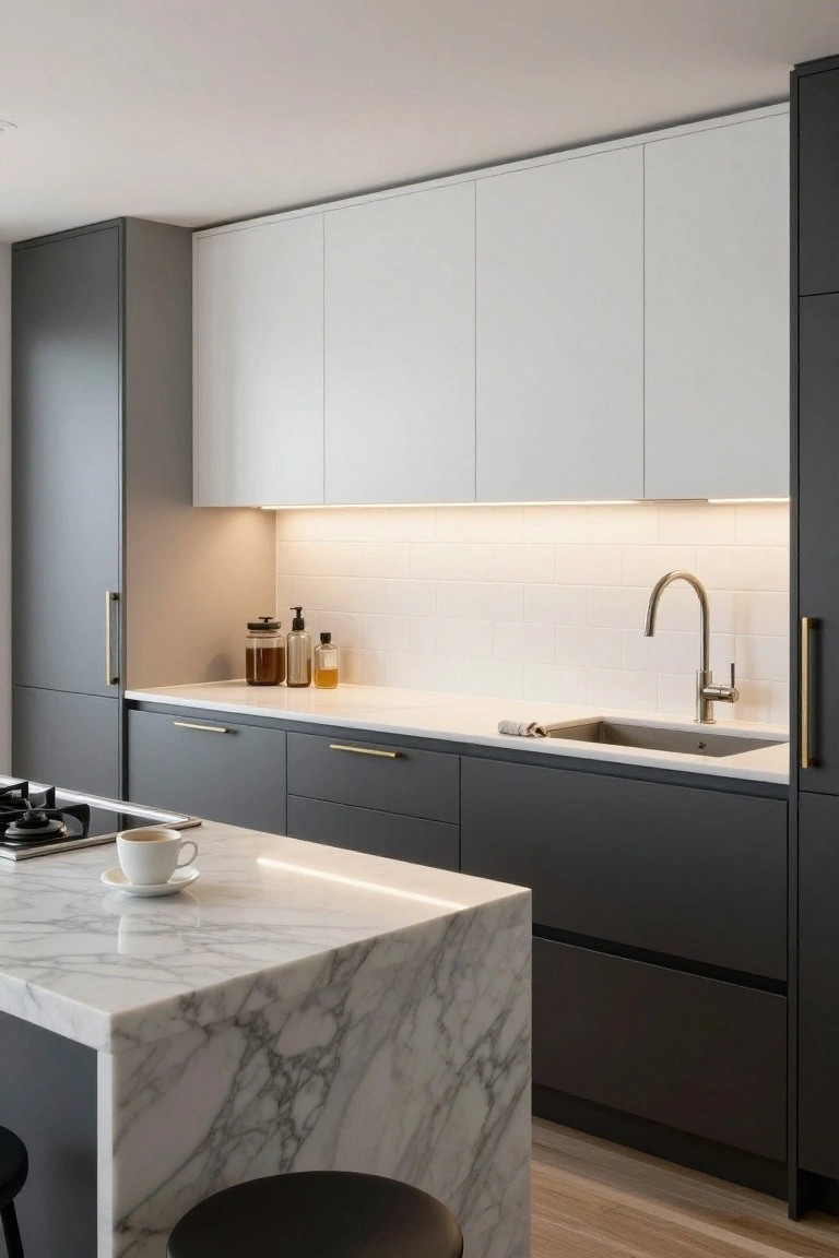 Modern kitchen featuring dark gray lower cabinets and white upper cabinets, white subway tile backsplash, stainless steel sink with gold faucet, white marble island countertop, gas cooktop, and black bar stool on wood floor.