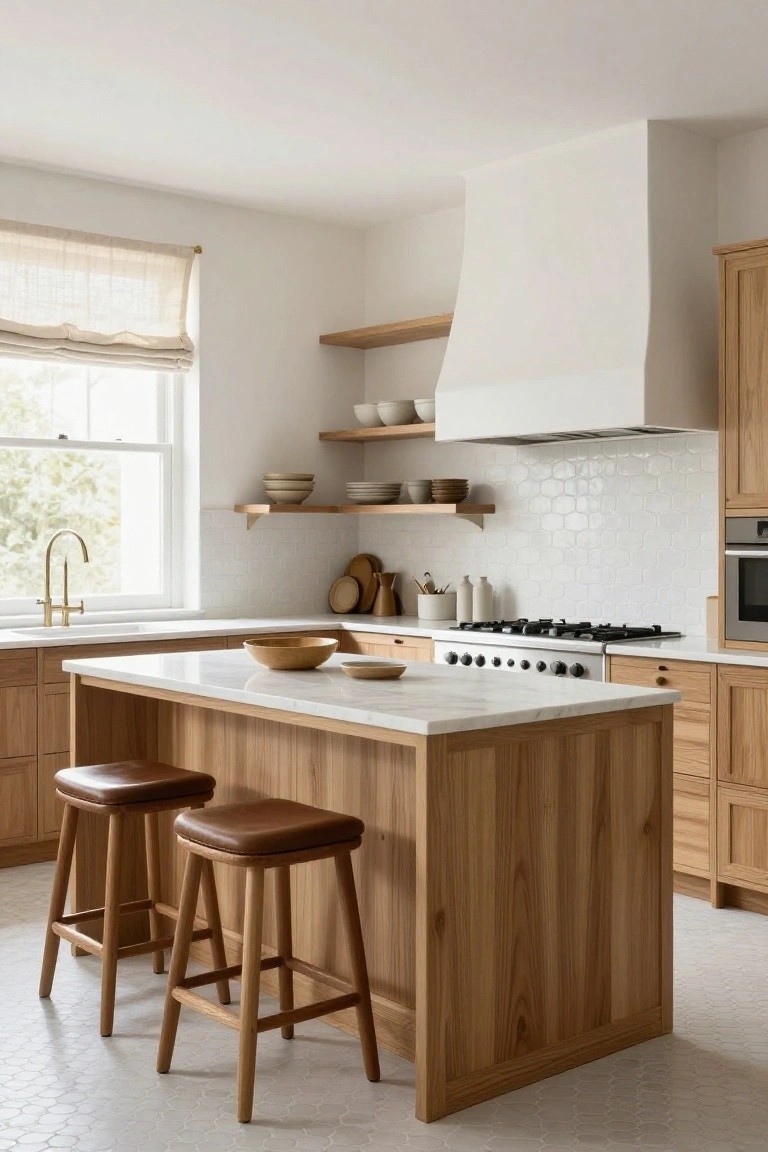 A bright kitchen interior with oak wood cabinets, a central island featuring white marble countertop and two brown leather stools, white hexagonal tile backsplash, wooden open shelves with pottery, and a window with linen shade.