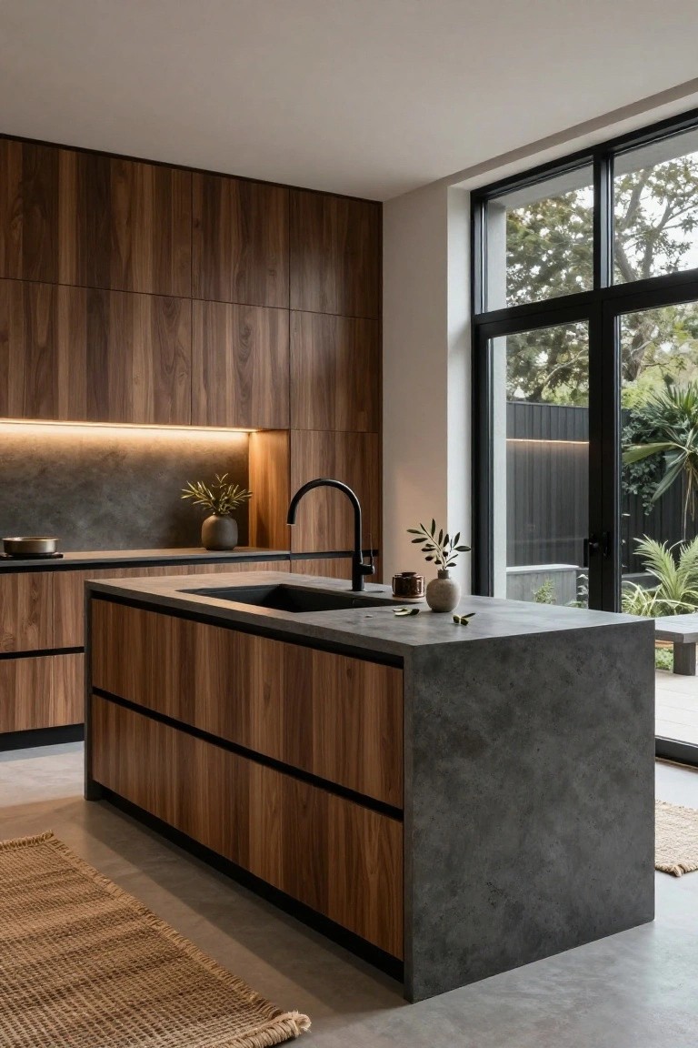 Modern kitchen interior with walnut wood cabinets and island, matte gray concrete countertops and sink, black faucet, large windows with garden view, and seagrass rug on polished concrete floor.