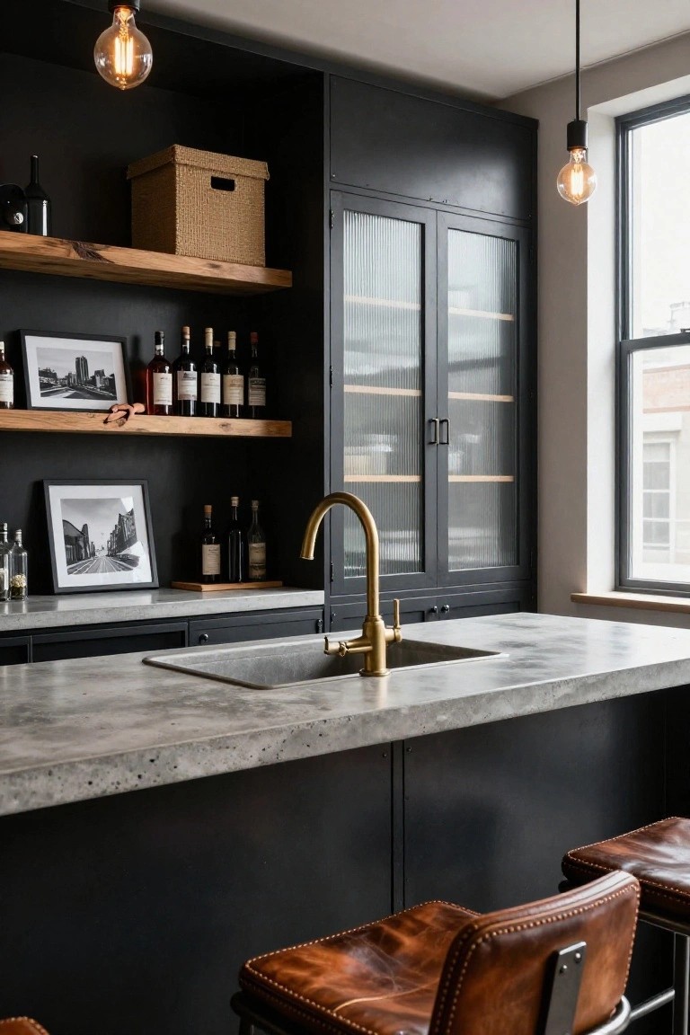 Modern interior of a home bar area with matte black cabinets featuring reeded glass doors, wood shelves displaying liquor bottles, concrete countertop with gold faucet and sink, brown leather bar stools, and pendant lights.