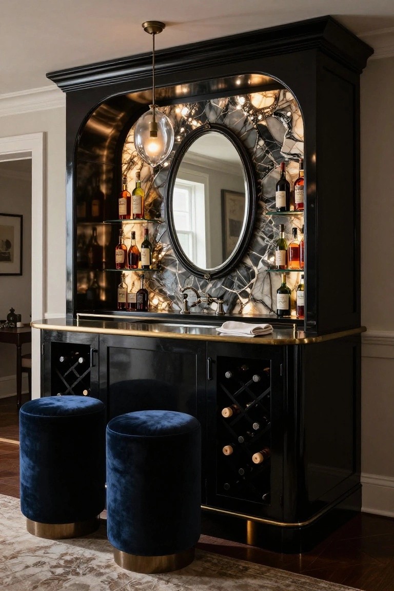 Black lacquer built-in bar cabinet with arched backlit marble surround, oval mirror, displayed liquor bottles on shelves, brass faucet, white towel, wine storage below, and two blue velvet stools on a wood floor.