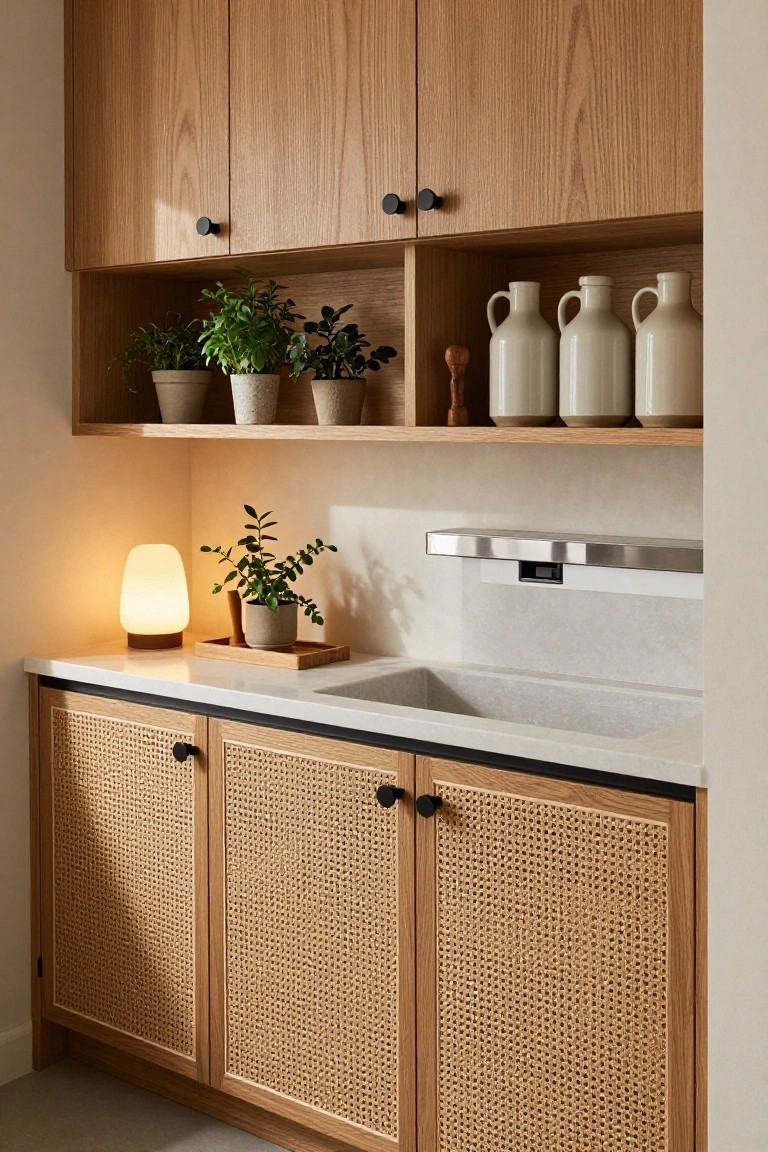 Modern kitchen sink area with light oak upper cabinets and open shelves displaying potted plants and white ceramic jugs, white quartz countertop with undermount sink and stainless steel faucet bar, and lower cabinets featuring cane-woven doors and black knobs.